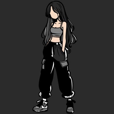 girl in baggy pants crop top and long hair
