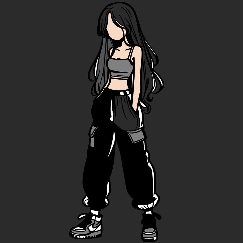 girl in baggy pants crop top and long hair