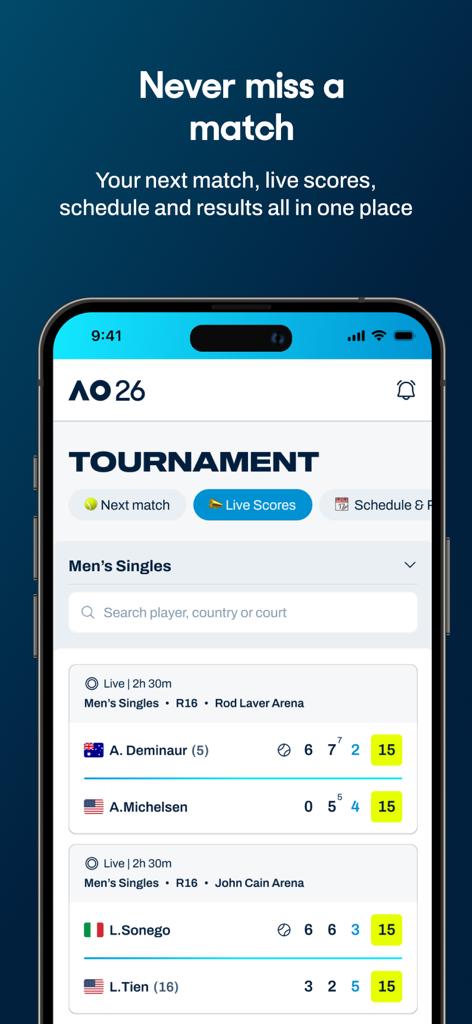 AO Player app interface showing live tournament scores and match schedules for professional tennis players