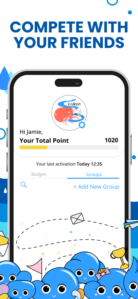 Water Reminder - Drink - Water Reminder app interface showing social competition points and group tracking features