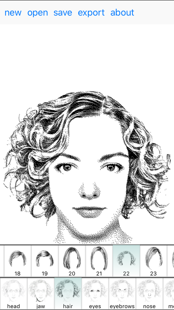 Interface of the FlashFace Woman app showing a forensic police sketch of a female face with feature customization tools