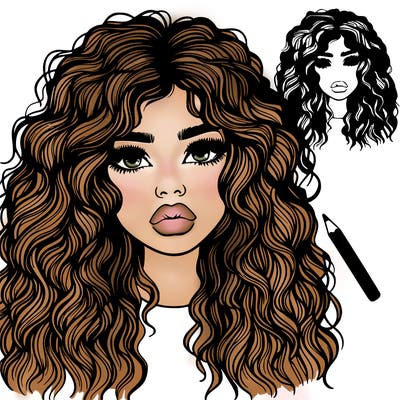 realistic girl with long frizzy hair and lips