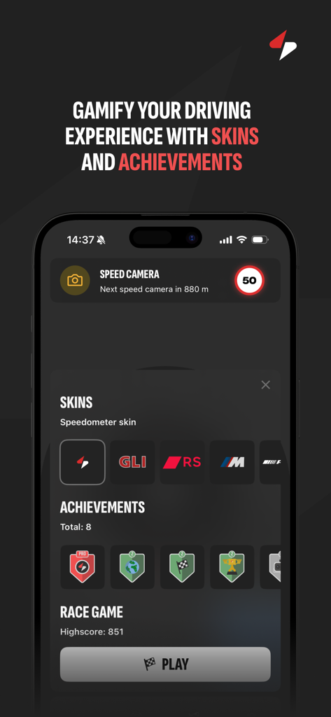 Speedster: speed cams - Speedster app interface displaying car brand skins and driving achievements