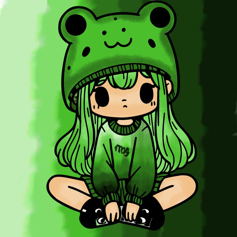 a girl wearing a frog hat and some frog socks