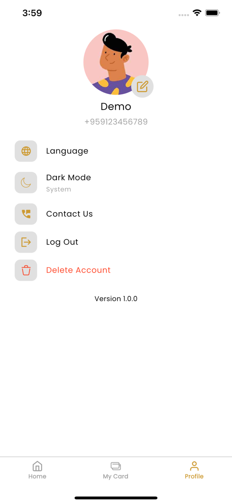 Petit Rangoon - User profile settings screen of the Petit Rangoon mobile app showing account options and version information