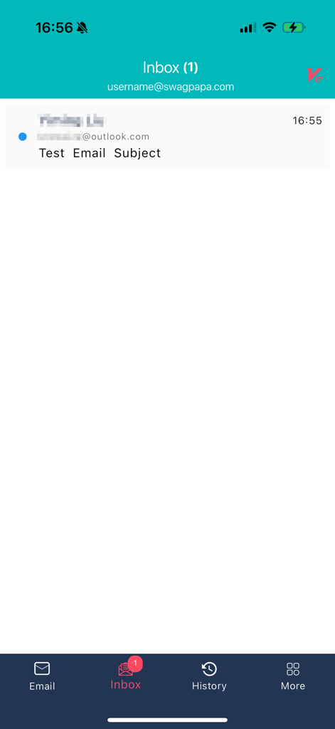 MailTicking app interface showing the temporary email inbox and received messages