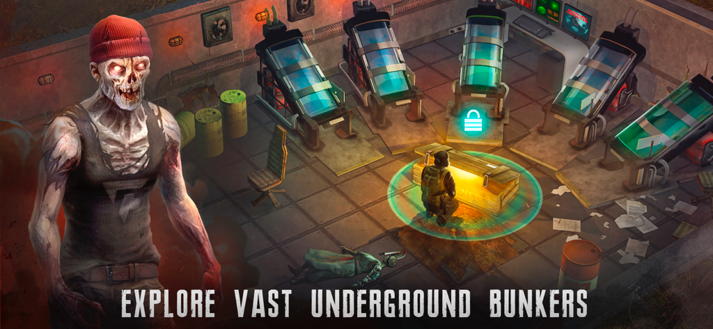 Live or Die: Zombie Survival - A player character scavenging loot in a high tech underground bunker with a zombie in the foreground