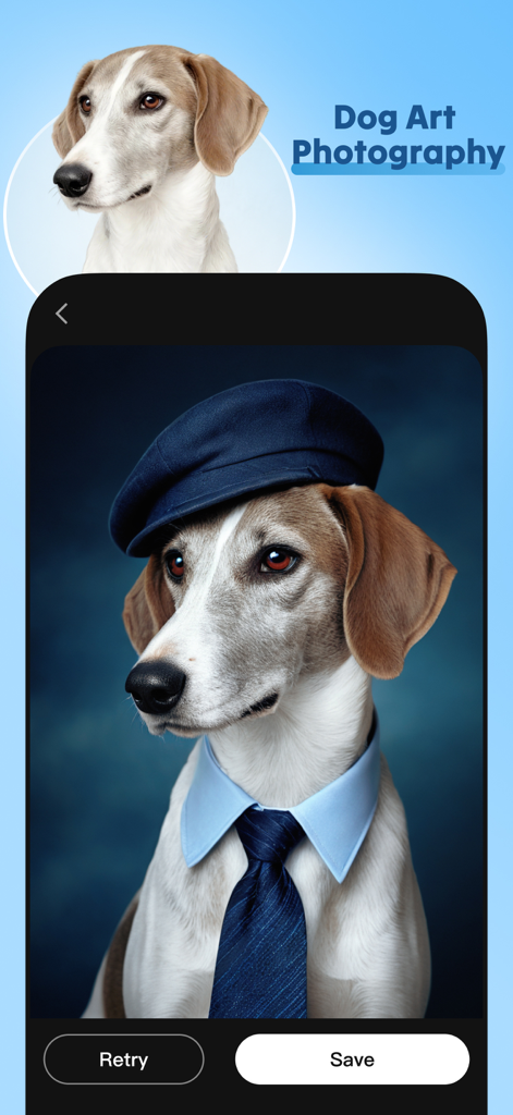 AI generated portrait of a dog wearing a blue tie and a flat cap