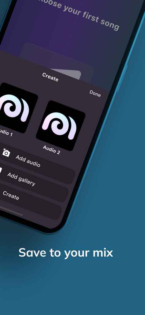 Mixy - Remix Maker - Interface of the Mixy app showing options to add audio and create a music mashup