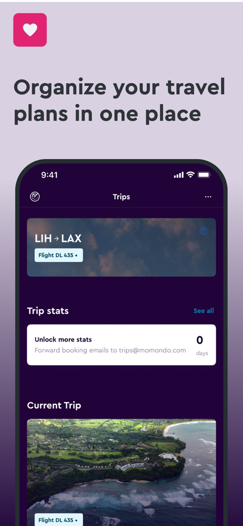 momondo App-Screenshot, der die Funktion 'Reisen' zur Organisation von Reiseplänen und Flugrouten an einem Ort zeigt