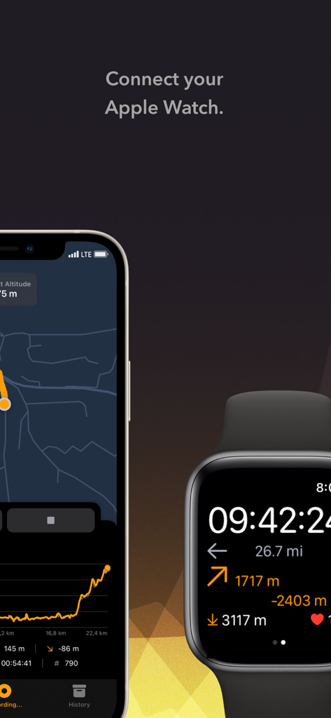 Baloc: Your altitude profile - Baloc app interface on iPhone and Apple Watch showing altitude profile and live stats