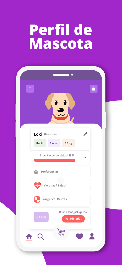 Envios Pet – Petshop Delivery - Pet profile screen in the Envios Pet app displaying health and grooming records for a dog