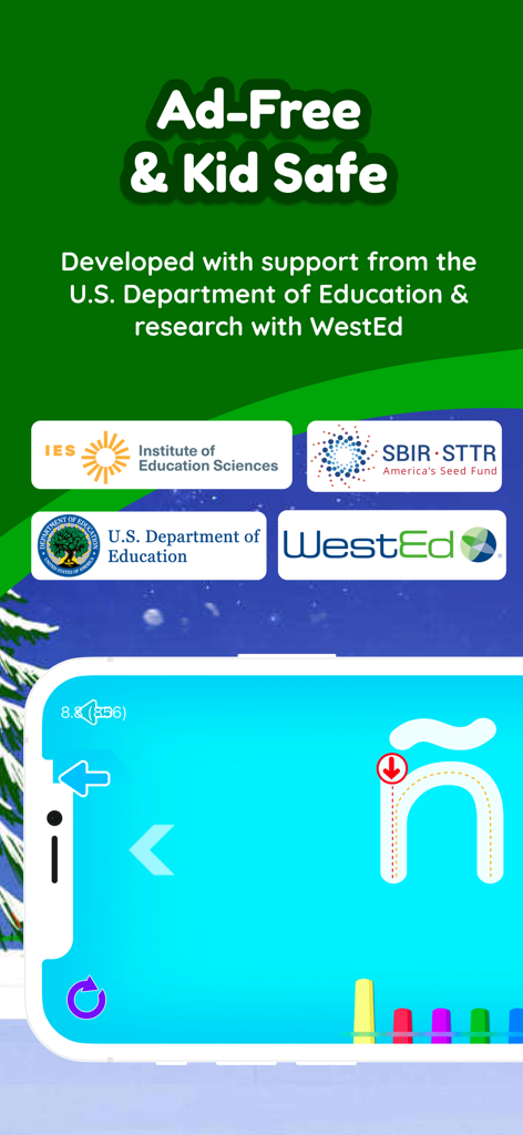Shoonya Kids app screen highlighting ad-free and kid-safe features with official logos from the U.S. Department of Education and WestEd research partners.