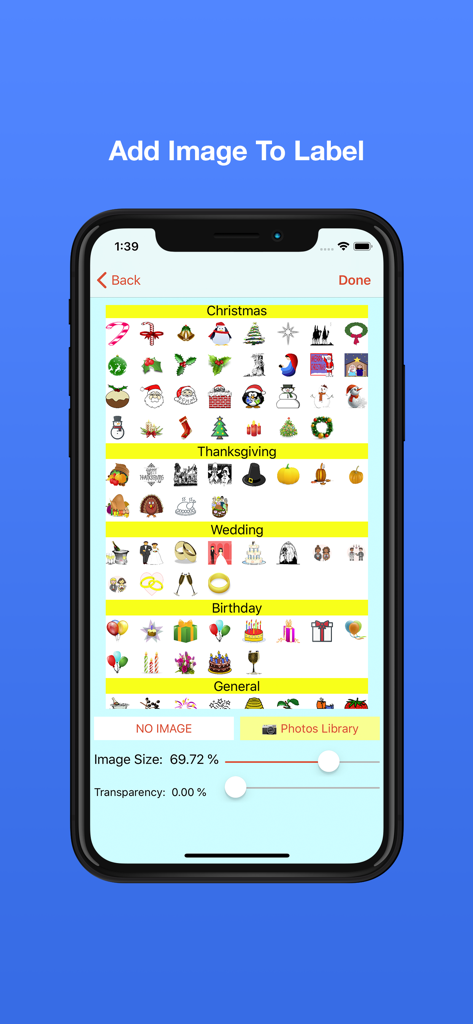 Address Labels & Envelopes - Interfaz de la aplicación Etiquetas de Direcciones que muestra una selección de iconos de Navidad, Acción de Gracias, Bodas y Cumpleaños para la personalización de etiquetas.