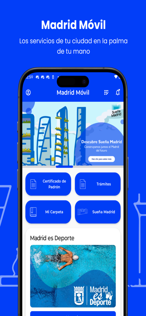 Schermata iniziale dell'app Madrid Movil che mostra scorciatoie amministrative e la sezione Madrid es Deporte con un nuotatore.