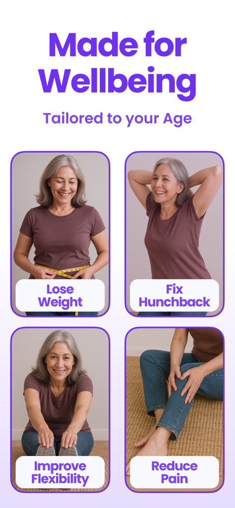 Chair Yoga for Seniors - Pantalla de la aplicación que muestra objetivos de salud para personas mayores como pérdida de peso y reducción del dolor