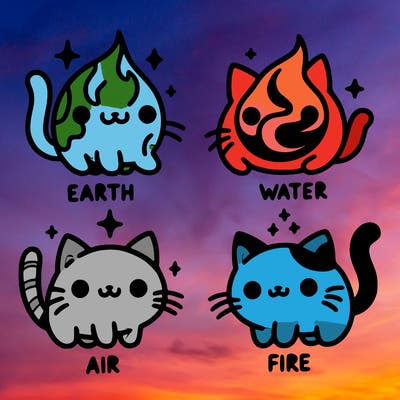 4 cats that represent the different elements, earth, water, air, and fire