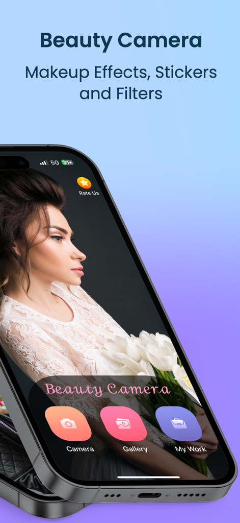 Beauty Camera: Selfie, Sticker - Interface of the Beauty Camera app on a smartphone showing photo editing and camera features
