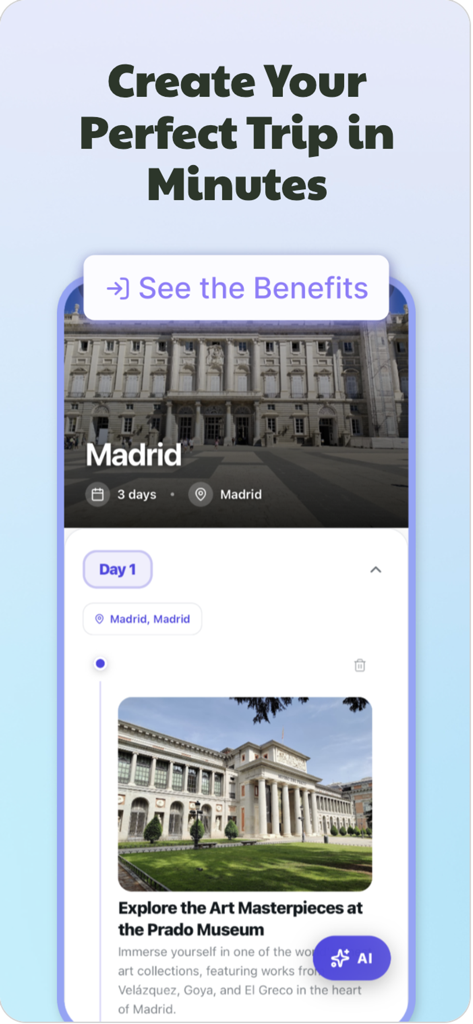 Interfaz de la aplicación Aicotravel mostrando un itinerario de viaje de 3 días generado por IA para Madrid, incluyendo el Museo del Prado.