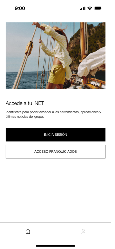 INET - INET Inditex mobile app login screen featuring internal employee login and franchisee access buttons