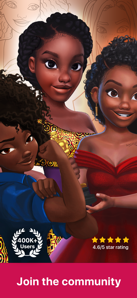 Three illustrated Black women representing diverse styles and empowerment with a call to join the app community.