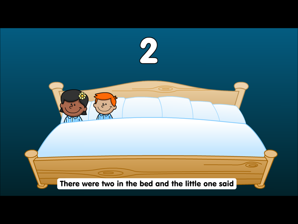Zwei Kinder in einem Holzbett mit der Zahl Zwei und dem Text des Kinderliedes