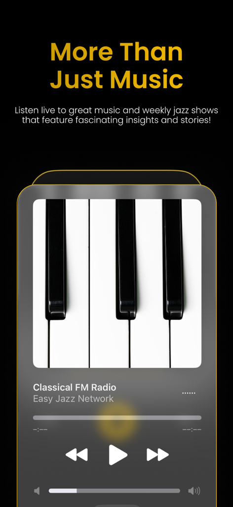 Easy Jazz Network - Screenshot of the Easy Jazz Network app playing Classical FM Radio with a piano keyboard album cover and music controls.