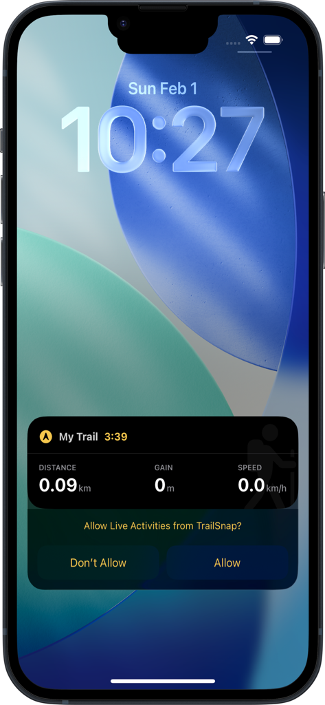 TrailSnap: Hike, Bike & Walk - iPhone lock screen showing TrailSnap Live Activity tracking trail distance and speed