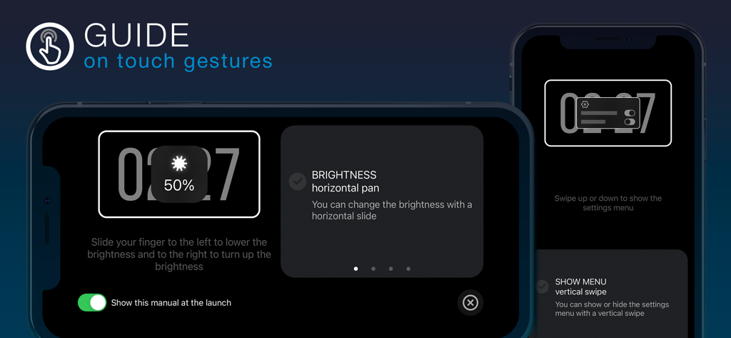 ClockPhone big digital clocks - ClockPhone app onboarding screen showing touch gesture instructions for brightness and menu navigation.