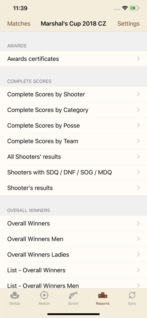 CAS Scoring app reports menu showing options for awards and match results