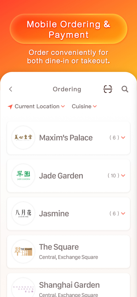 Eatizen - Eatizen app interface showing mobile ordering and payment options with a list of restaurants for dine-in or takeout