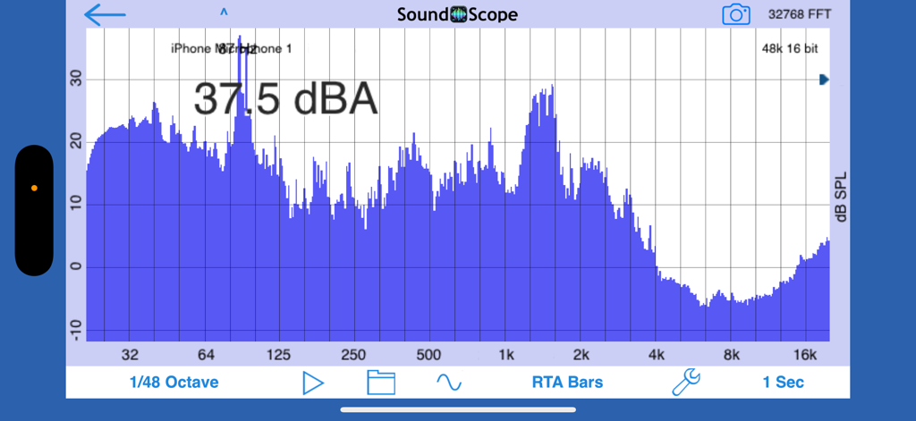 SoundScope VR - SoundScope VR app interface displaying a blue frequency spectrum graph with a 37.5 dBA sound level measurement