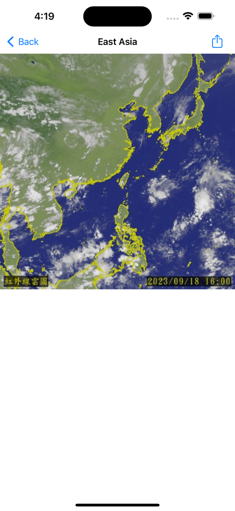 Satellite infrared cloud map of East Asia displaying regional weather patterns and landmass outlines