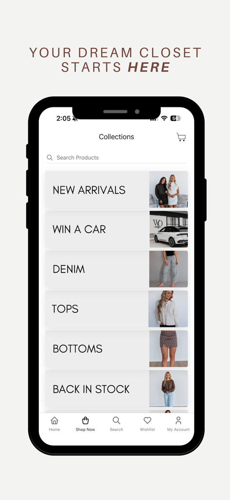 Wild Oak Boutique - Wild Oak Boutique mobile app screen showing shopping categories including New Arrivals, Denim, and Tops