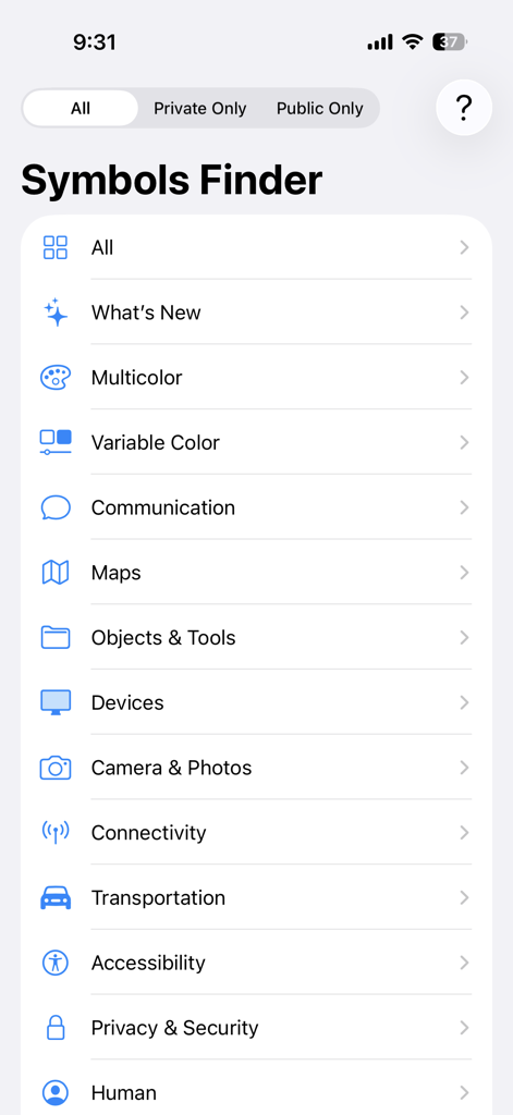 Lista de categorías de SF Symbols en la aplicación móvil Symbols Finder