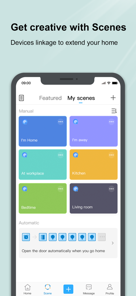 eWeLink - eWeLink app interface showing various manual and automatic smart home scenes