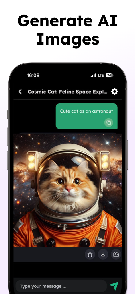 AI Chat - Smart AI Assistant - Mobile app interface showing the generation of an AI image of a cat astronaut based on a user prompt.