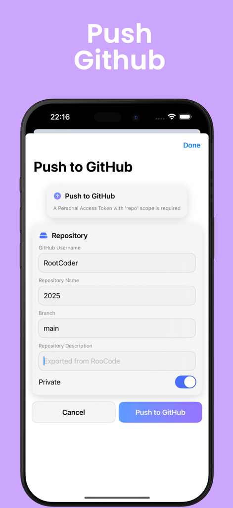 Kilo Code - Interface de tela móvel mostrando a integração do GitHub para enviar repositórios de código no aplicativo Kilo Code.