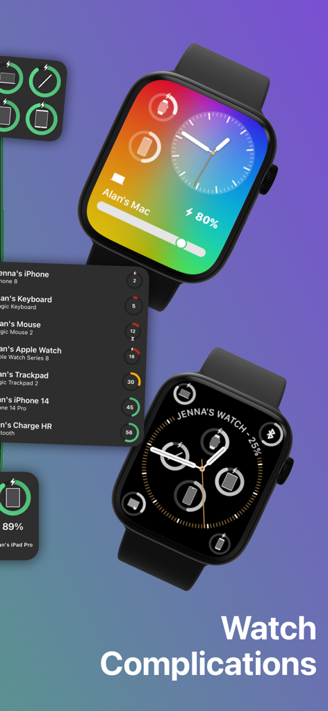 Cloud Battery - Apple Watch faces displaying various device battery levels through Cloud Battery complications