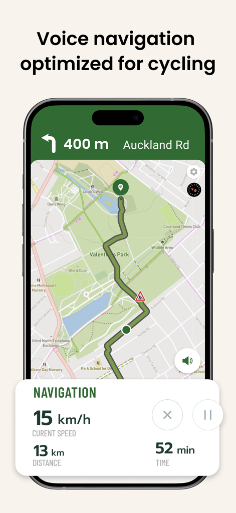 Cyclers: Bike Route Planner - Interfaz de la aplicación Cyclers de planificación de rutas ciclistas mostrando navegación por voz y estadísticas de ciclismo en tiempo real en un mapa