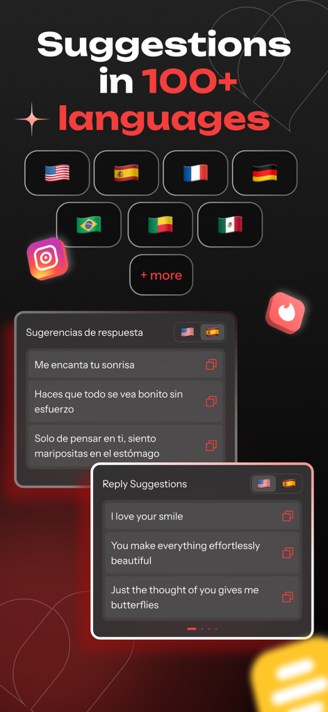 Smoothspeak: AI Rizz Keyboard - Tela do aplicativo Smoothspeak mostrando sugestões de respostas de namoro em mais de 100 idiomas com exemplos em inglês e espanhol