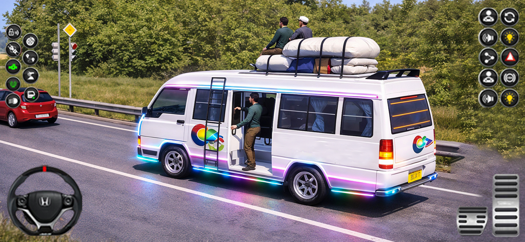 Jugabilidad de Dubai Van Simulator 3D que muestra una furgoneta blanca personalizada con luces de neón y pasajeros en el techo