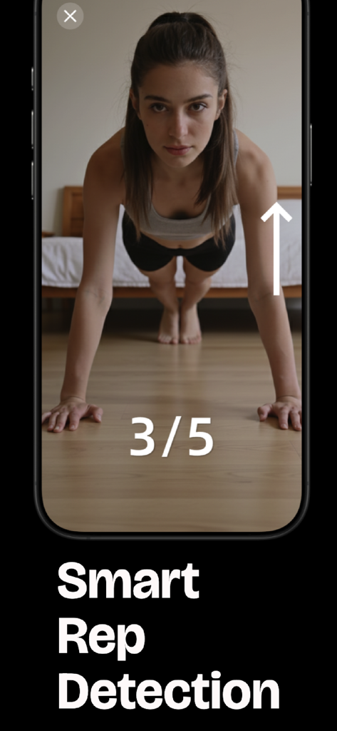 Reptime:App Blocker & Exercise - A woman performing push-ups while the Reptime app uses smart rep detection to track her workout progress.