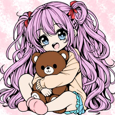 manga girl, long curly hair, happy, cuddling a teddy bear