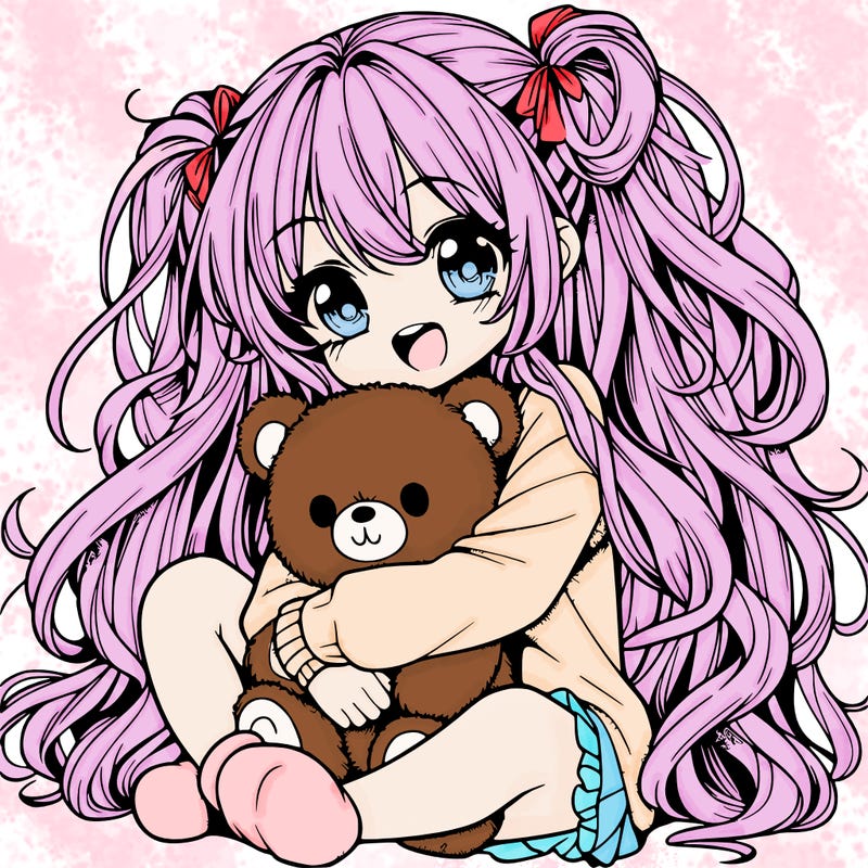 manga girl, long curly hair, happy, cuddling a teddy bear
