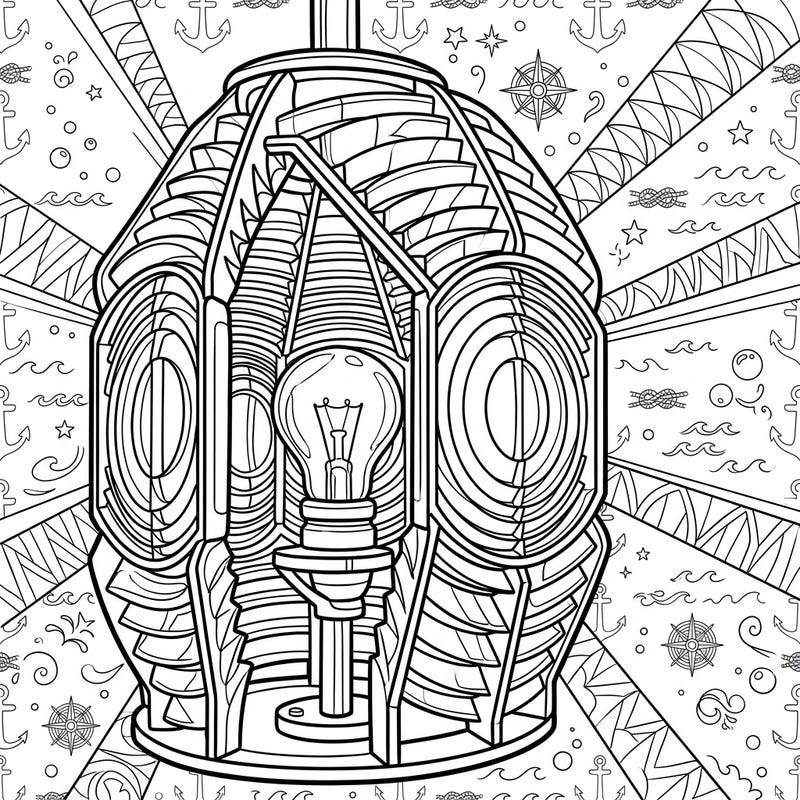 Embark on a detailed coloring adventure with this stunning lighthouse beacon design, perfect for adults seeking a complex and rewarding artistic challenge. Explore the intricate lenses and nautical background elements, offering hours of calming creativity.