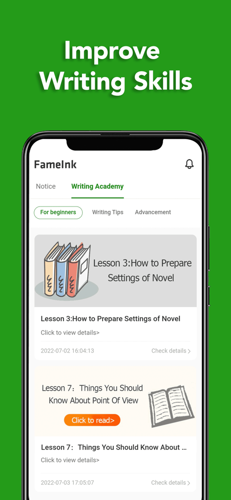 FameInk - Écran Writing Academy de l'application FameInk présentant des leçons d'écriture de romans et des conseils pour débutants