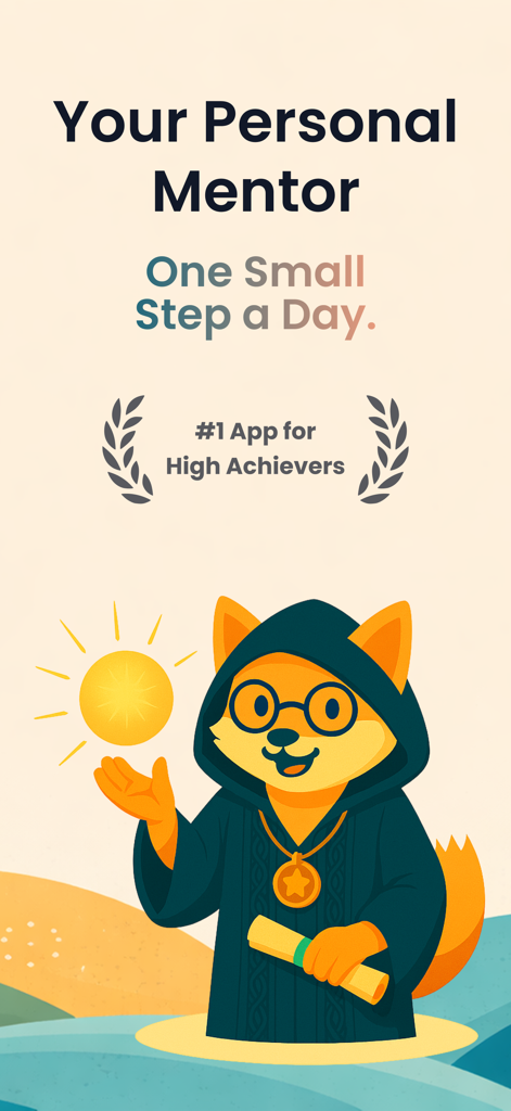 Mentorist app screen with a fox mentor character and text reading Your Personal Mentor One Small Step a Day