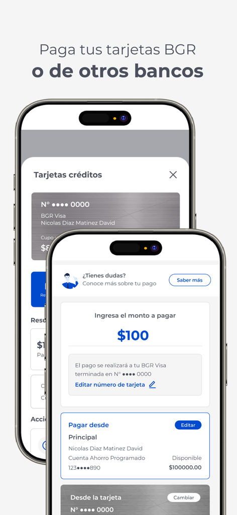 BGR Digital - Pantalla de la aplicación móvil BGR Digital mostrando el pago de tarjetas de crédito y la gestión de saldos en español