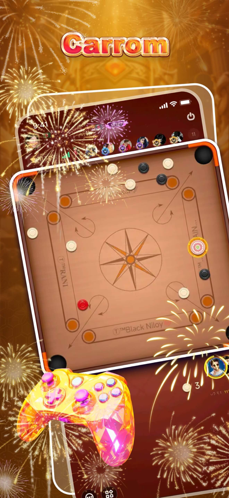 UME- Group Voice Chat Rooms - Gioco da tavolo digitale Carrom all'interno dell'app di chat vocale di gruppo UME con fuochi d'artificio celebrativi.